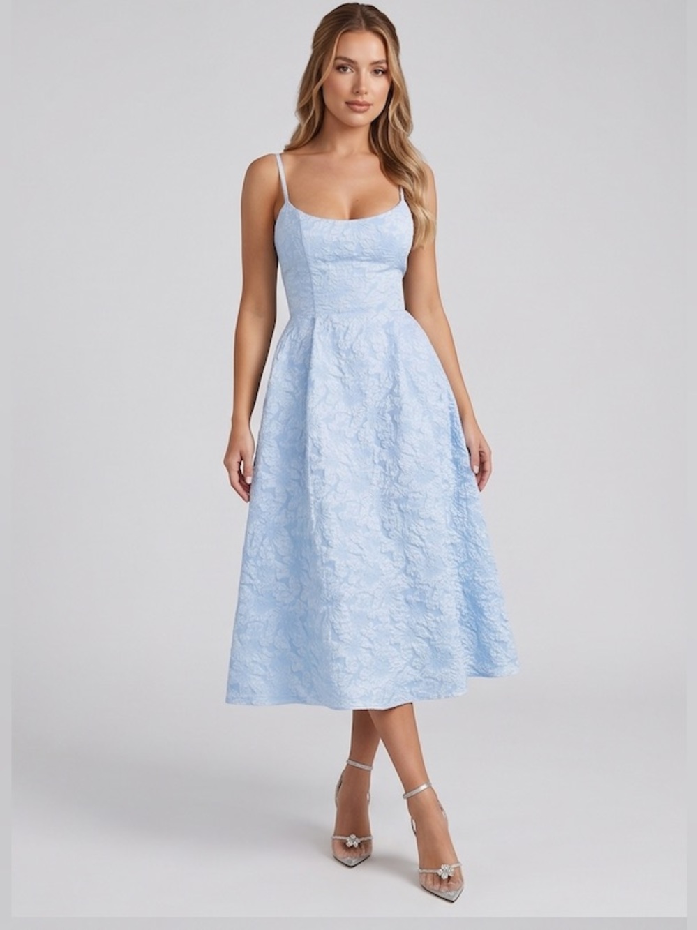 Powder Blue Floral Scoop Neck Midi Party Dress